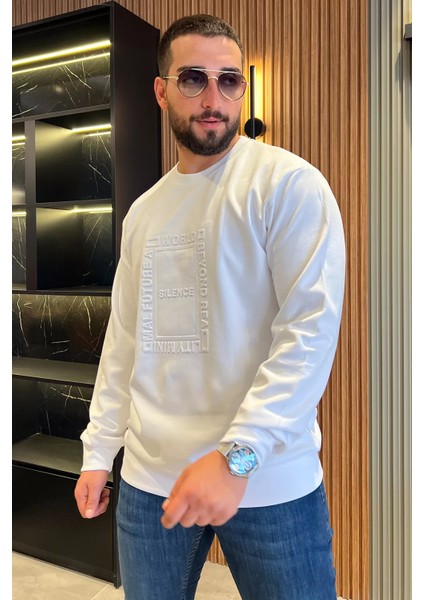 Erkek Bisiklet Yaka Kabartma Desen Yazılı Sweatshirt