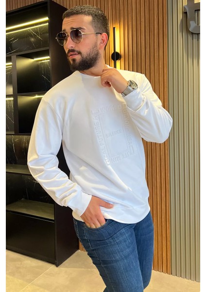 Erkek Bisiklet Yaka Kabartma Desen Yazılı Sweatshirt fiyatları