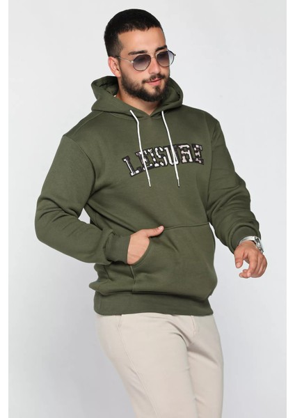 Erkek Kapüşonlu Nakışlı Şardonlu Üç Iplik Sweatshirt