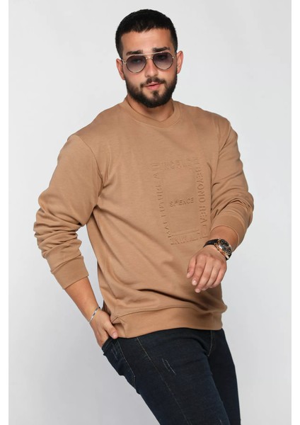 Erkek Bisiklet Yaka Kabartma Desen Yazılı Sweatshirt