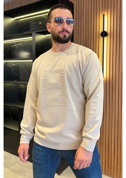 Erkek Bisiklet Yaka Kabartma Desen Yazılı Sweatshirt