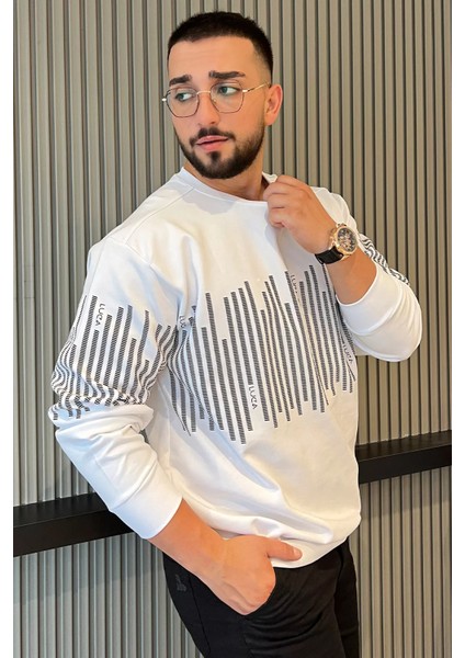 Erkek Bisiklet Yaka Baskılı Sweatshirt