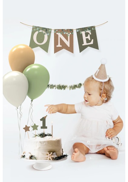 Okaliptus Temalı 1 Yaş Minimal Doğum Günü Parti Seti (Banner, 7'li Balon, Pasta Süsü)