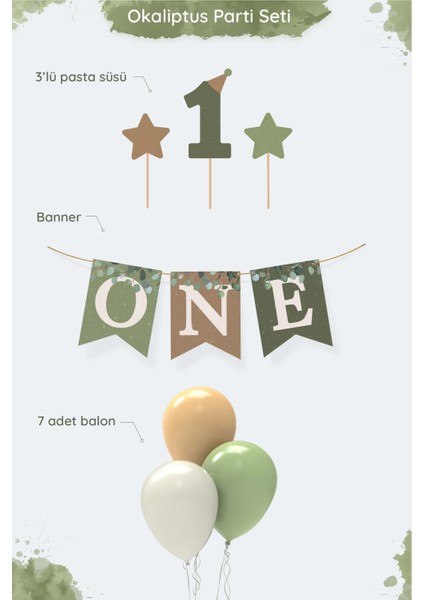 Okaliptus Temalı 1 Yaş Minimal Doğum Günü Parti Seti (Banner, 7'li Balon, Pasta Süsü)