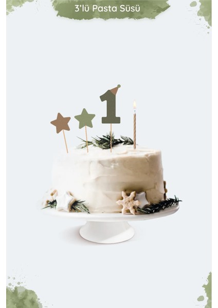 Okaliptus Temalı 1 Yaş Minimal Doğum Günü Parti Seti (Banner, 7'li Balon, Pasta Süsü)