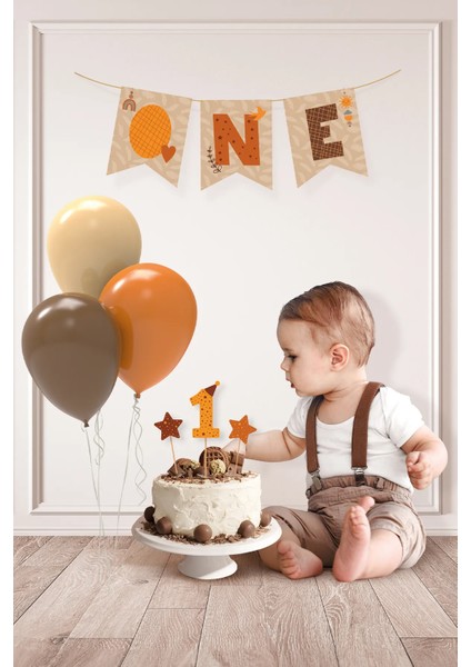 Minimal Boho Temalı 1 Yaş Doğum Günü Parti Seti (Banner, 7'li Balon, Pasta Süsü)
