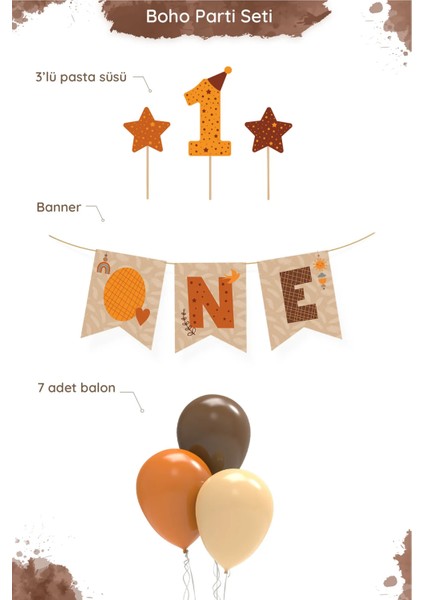 Minimal Boho Temalı 1 Yaş Doğum Günü Parti Seti (Banner, 7'li Balon, Pasta Süsü)