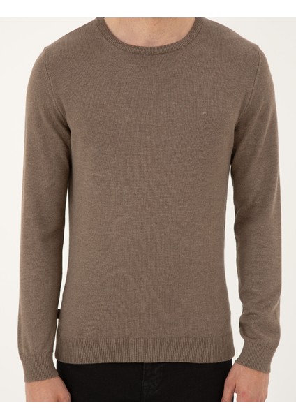 Erkek Vizon Melanj Slim Fit Bisiklet Yaka Basic Triko Kazak 50296575-VR174