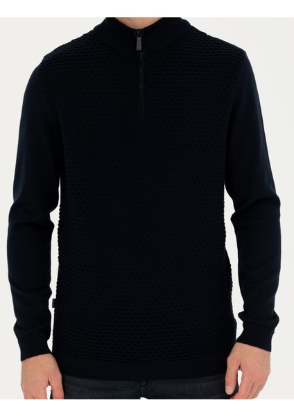 Erkek Lacivert Slim Fit Fermuarlı Dik Yaka Triko Kazak 50281824-VR033