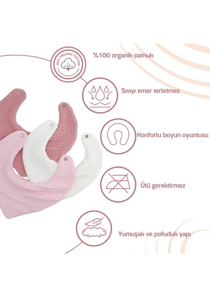 3'lü Pamuk 4kat Multi Müslin Fular ,yakalık Kız Bebek Salya ve Mama Önlük