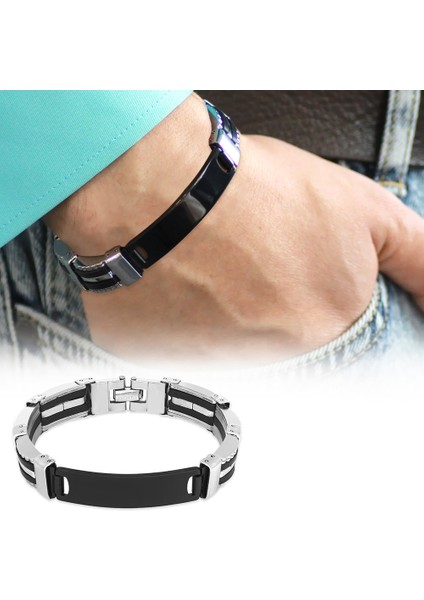 Kişiye Özel Isim Yazılı Silver-Black Renk Çelik Erkek Bileklik (Model-1)