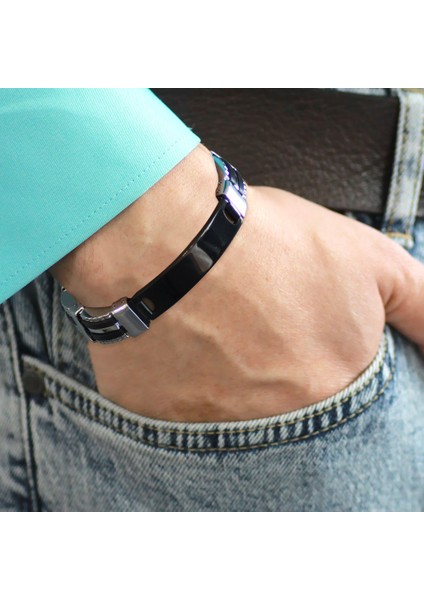 Kişiye Özel Isim Yazılı Silver-Black Renk Çelik Erkek Bileklik (Model-1) fiyatları