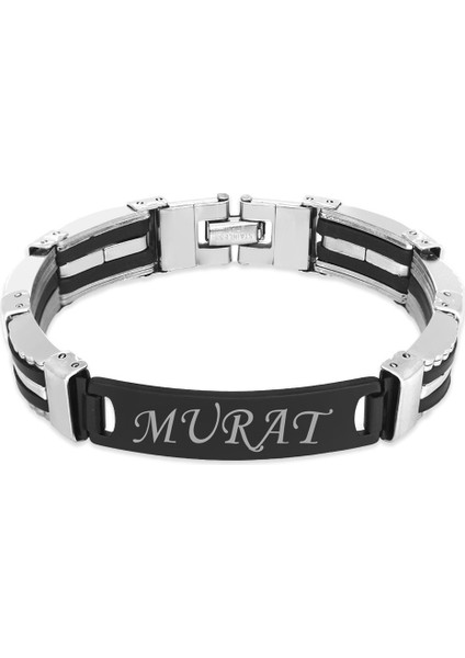 Kişiye Özel Isim Yazılı Silver-Black Renk Çelik Erkek Bileklik (Model-1) modelleri