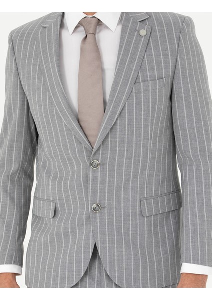 Erkek Gri Ex. Slim Fit Çizgili Yün Karışımlı Takım Elbise 50285262-VR024