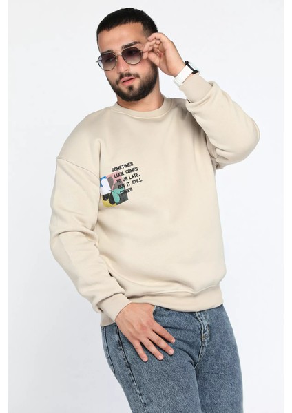 Bisiklet Yaka Üç Iplik Şardonlu Baskılı Erkek Sweatshirt