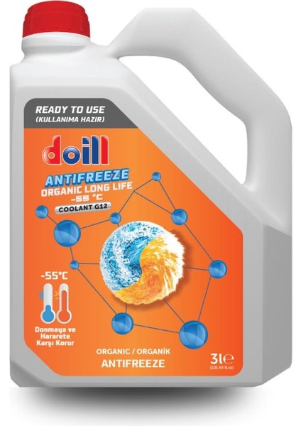 -55 Derece Hazır Karışım 3 Litre Kırmızı Organik Antifriz - G12 (Üretim Yılı: 2025)