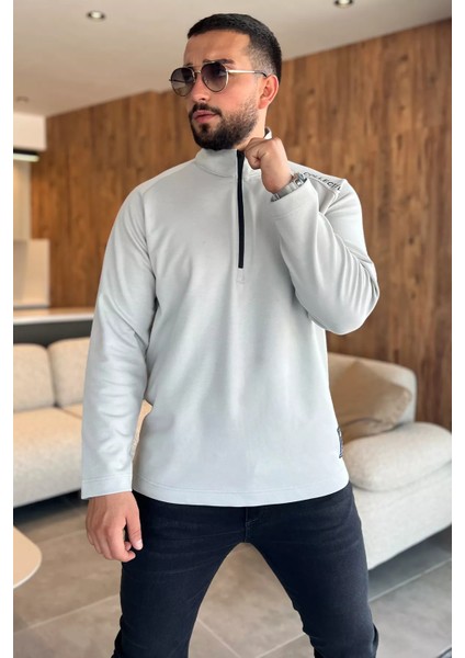 Yarım Fermuarlı Baskılı Double Face Erkek Sweatshirt