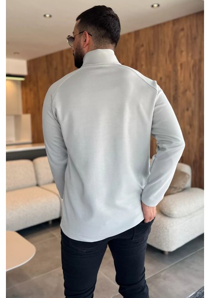 Yarım Fermuarlı Baskılı Double Face Erkek Sweatshirt