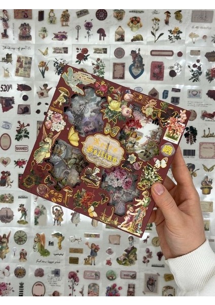 4 Bölmeli 100 Yaprak 457 Adet Özel Tasarım Retro Bordo Renk Nostaljik Sticker Set /Etiket / Çıkartma/ Su Geçirmez