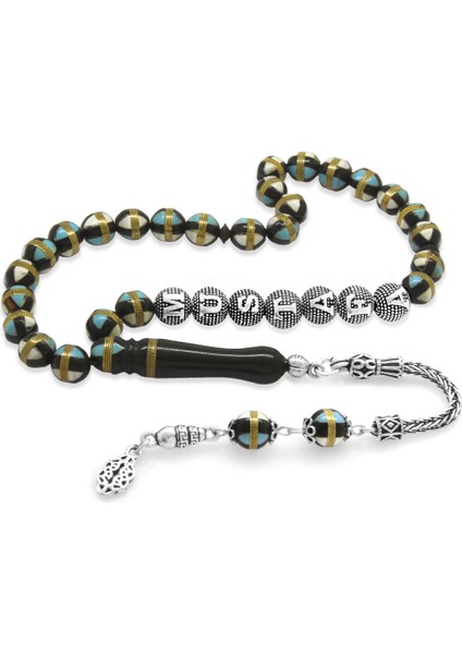 925 Ayar Gümüş Püsküllü Pirinç Sarmal Küre Kesim Gümüş Mavi-Beyaz Mine Dolgulu Kuka Tesbih fiyatları