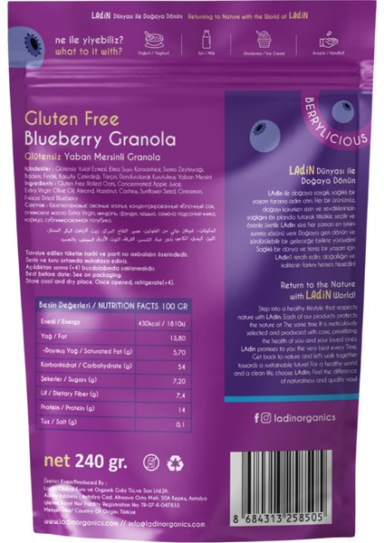 Glütensiz Yaban Mersinli Granola 240 gr (Ilave Şekersiz, Katkısız)