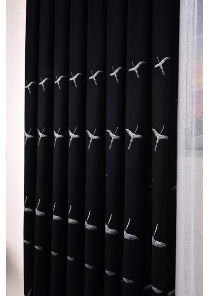 Anka Kuşu Nakışlı Siyah Fon Perde Tek Kanat 1 x 3 Sık Pile fiyatları