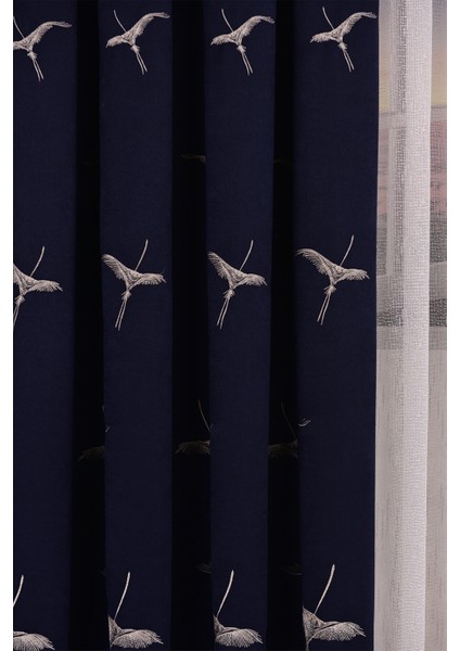 Anka Kuşu Nakışlı Lacivert Fon Perde Tek Kanat 1 x 3 Sık Pile fiyatları