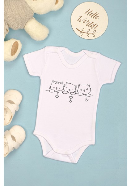 %100 Pamuk Sevimli Kedi Baskılı Omuz Çıt Çıt Zıbın