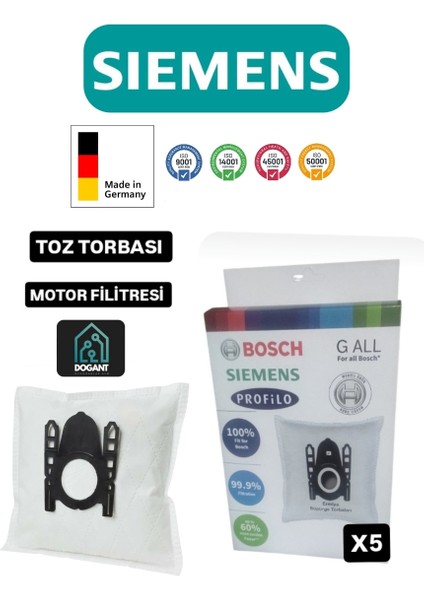 Siemens Elektrik Süpürgesi Toz Torbası 5 Adet Motor Filitresi Kutulu