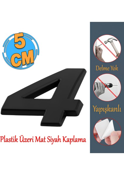 Yapışkanlı Kapı Numarası Küçük Boy 50 mm 5 cm Numara 4 Rakam Dört Sayı Siyah Renk Numaralar 1 Adet