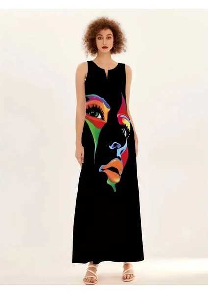 Abstract Face Print Maxi Elbise Yaka Kesik Kolsuz Rahat Elbise