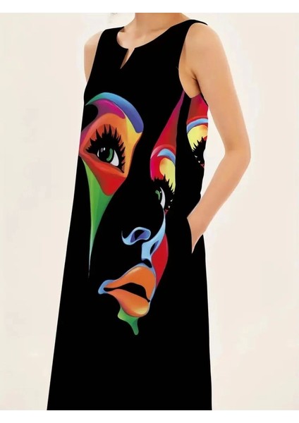 Abstract Face Print Maxi Elbise Yaka Kesik Kolsuz Rahat Elbise