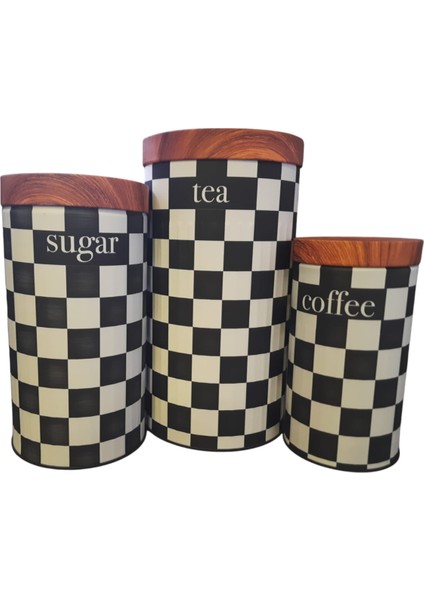 3'lü Set Metal Çay Kahve Şeker Saklama Kavanozu - Dama Desenli