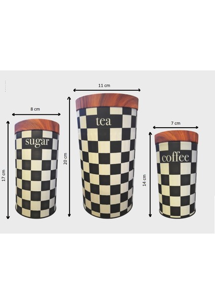 3'lü Set Metal Çay Kahve Şeker Saklama Kavanozu - Dama Desenli fiyatları