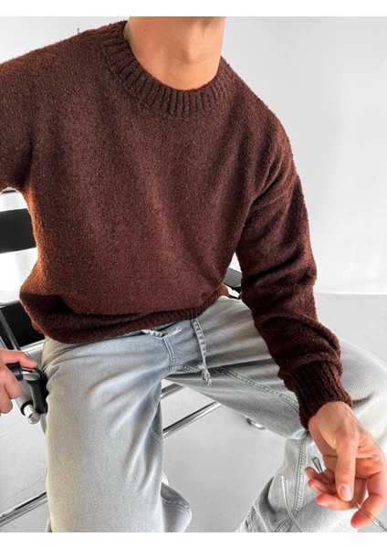 Erkek Oversize Yumuşak Dokulu Kazak Kahverengi fiyatları