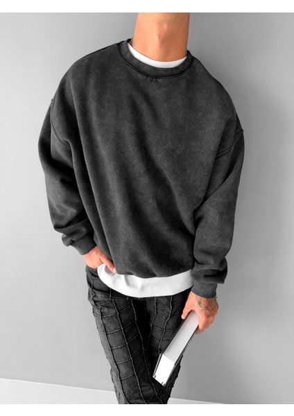 Erkek Oversize Yıkamalı Sweatshirt Siyah
