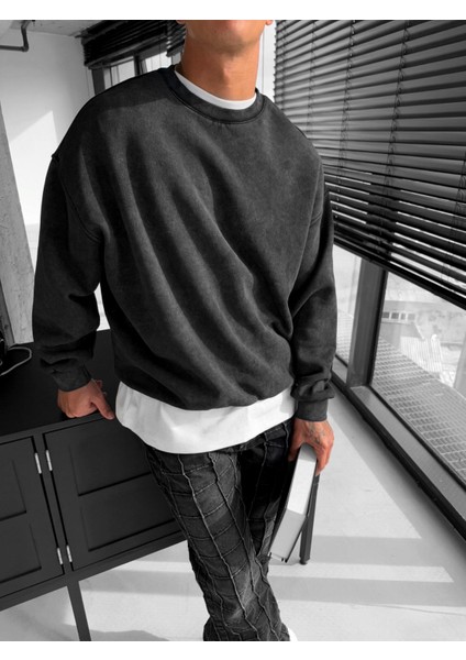 Erkek Oversize Yıkamalı Sweatshirt Siyah