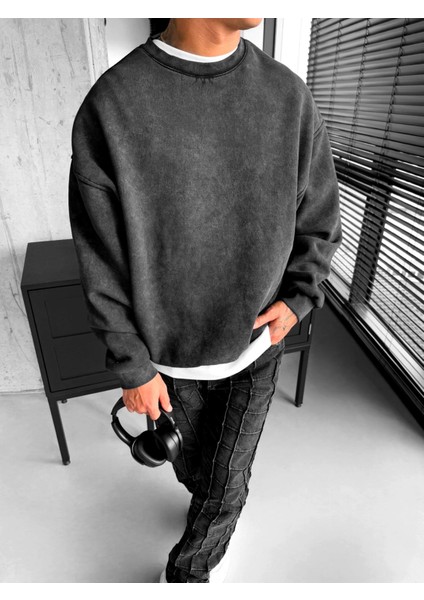 Erkek Oversize Yıkamalı Sweatshirt Siyah