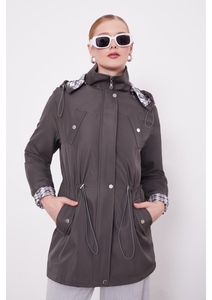 Antrasit Kapüşonlu Beli İp Detaylı Kap