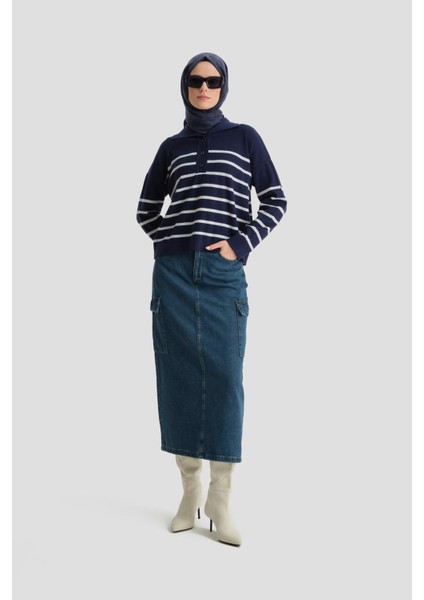 Çizgili Triko Kazak 24KD4208 Lacivert