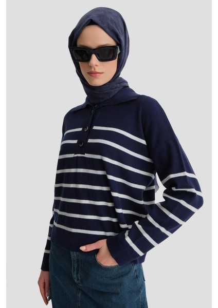 Çizgili Triko Kazak 24KD4208 Lacivert