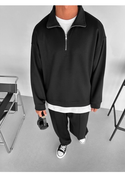 Erkek Oversize Yarım Fermuarlı Esnek Sweatshirt Siyah