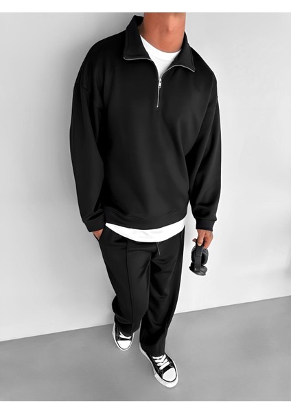 Erkek Oversize Yarım Fermuarlı Esnek Sweatshirt Siyah
