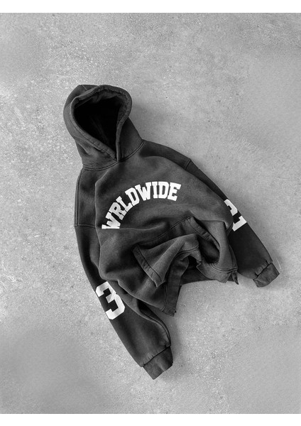Unisex Wrld Wide Baskılı Oversize Hoodie Siyah
