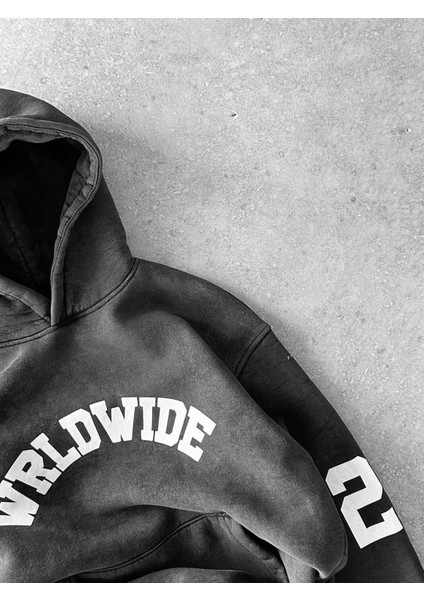 Unisex Wrld Wide Baskılı Oversize Hoodie Siyah