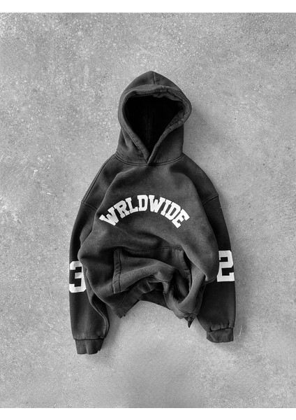 Unisex Wrld Wide Baskılı Oversize Hoodie Siyah