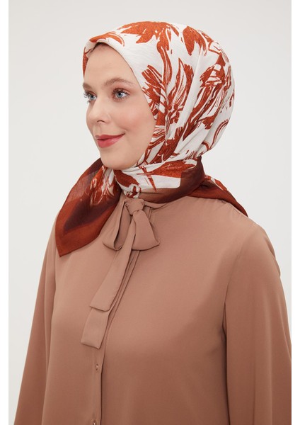 Kiremit Çiçek Soyut Desen Modal İpek Eşarp