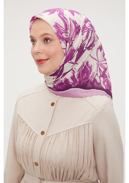 Pembe Çiçek Soyut Desen Modal Ipek Eşarp