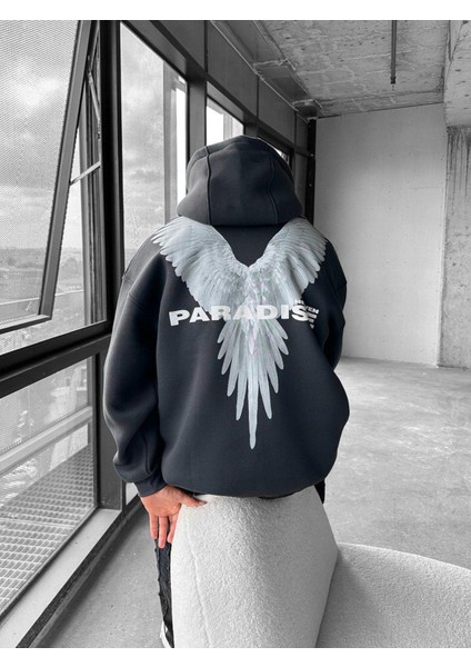 Erkek Oversize Paradise Baskılı Hoodie Antrasit