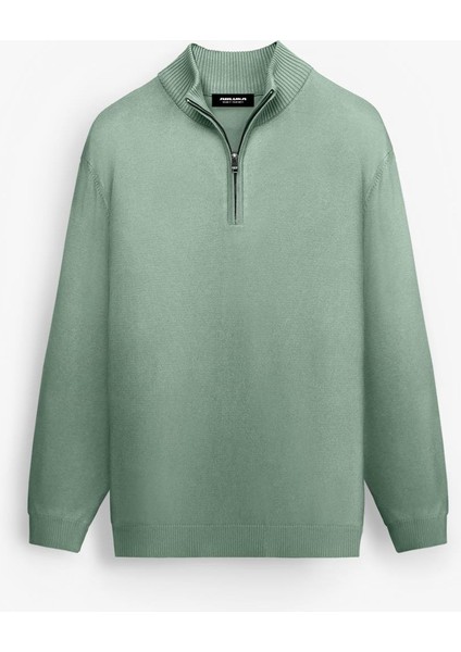 Erkek Yarım Fermuarlı Polo Yaka Kazak Yeşil